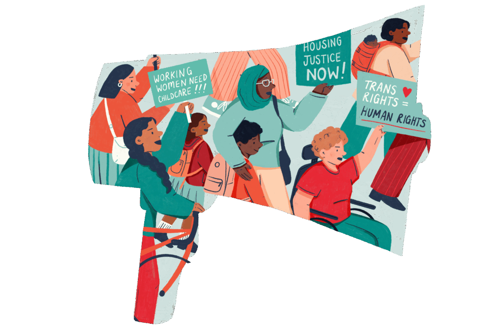 Illustration of a crowd of people at a protest, all holding feminist signs. The shape of the illustration is a megaphone