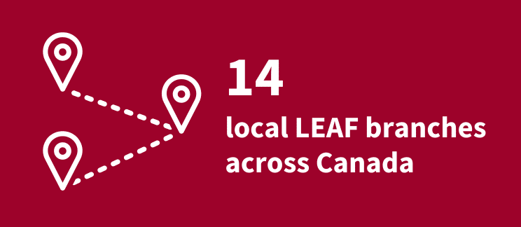 Icon of three connected map pins, with the text "14 local LEAF branches across Canada" beside it.