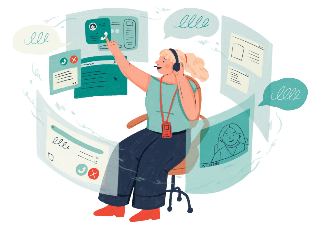 Illustration of a person sitting in a chair with a headset, swiping through different screens