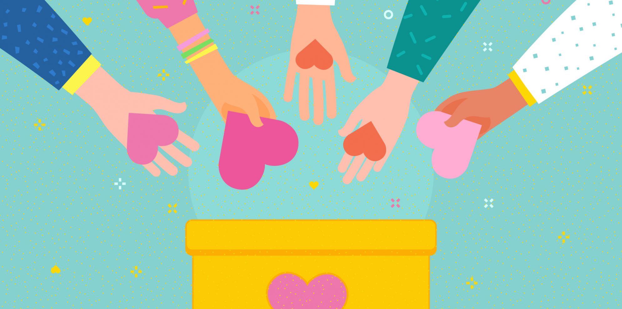 Concept of charity and donation. Give and share your love to people. Hands holding a heart symbol and put hearts in a donation box with heart. Flat design, vector illustration.