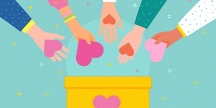 Concept of charity and donation. Give and share your love to people. Hands holding a heart symbol and put hearts in a donation box with heart. Flat design, vector illustration.