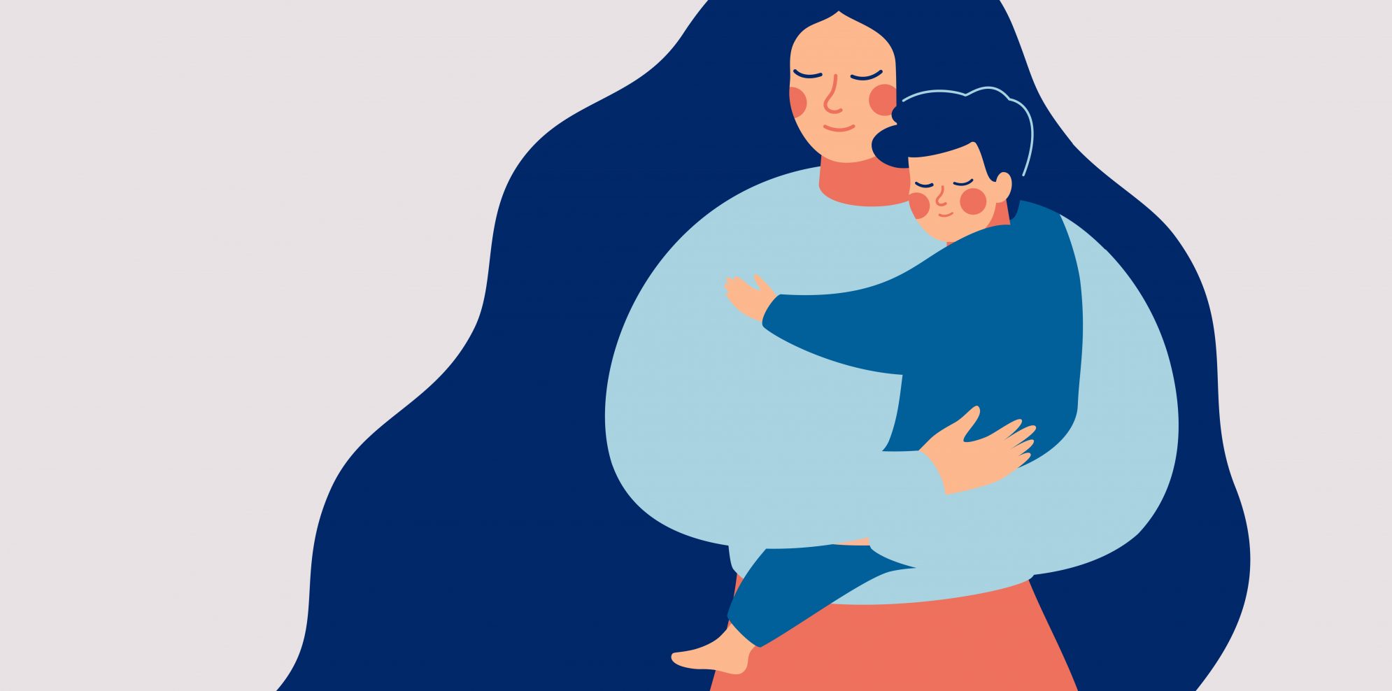 Young mother holds her son with care and love. Happy Mothers Day concept with mom and small boy. Vector illustration