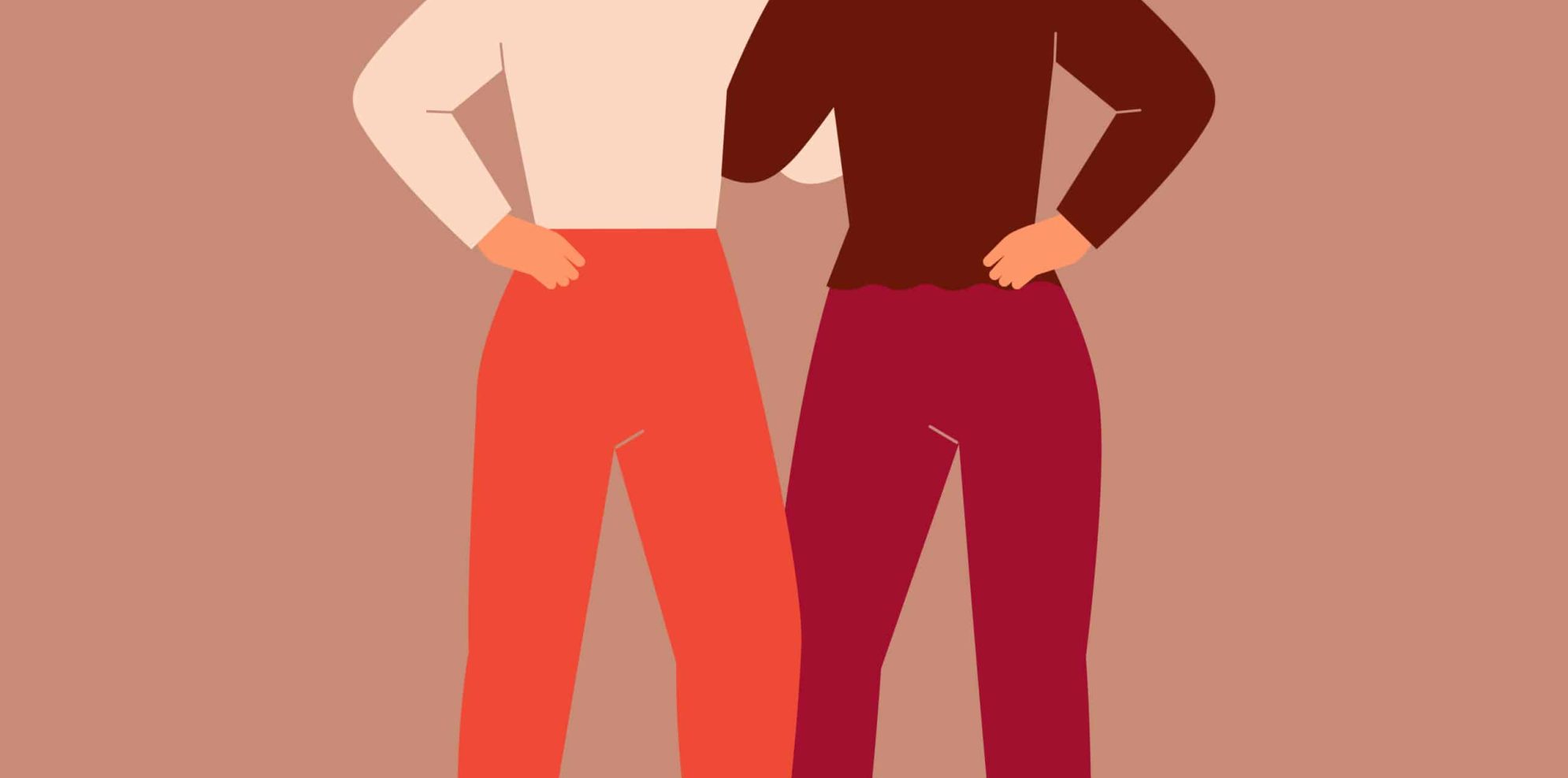 Front view of two strong women supporting each other. Friends hug and look each other in the face. The concept of friendship, care and love. Vector flat illustration