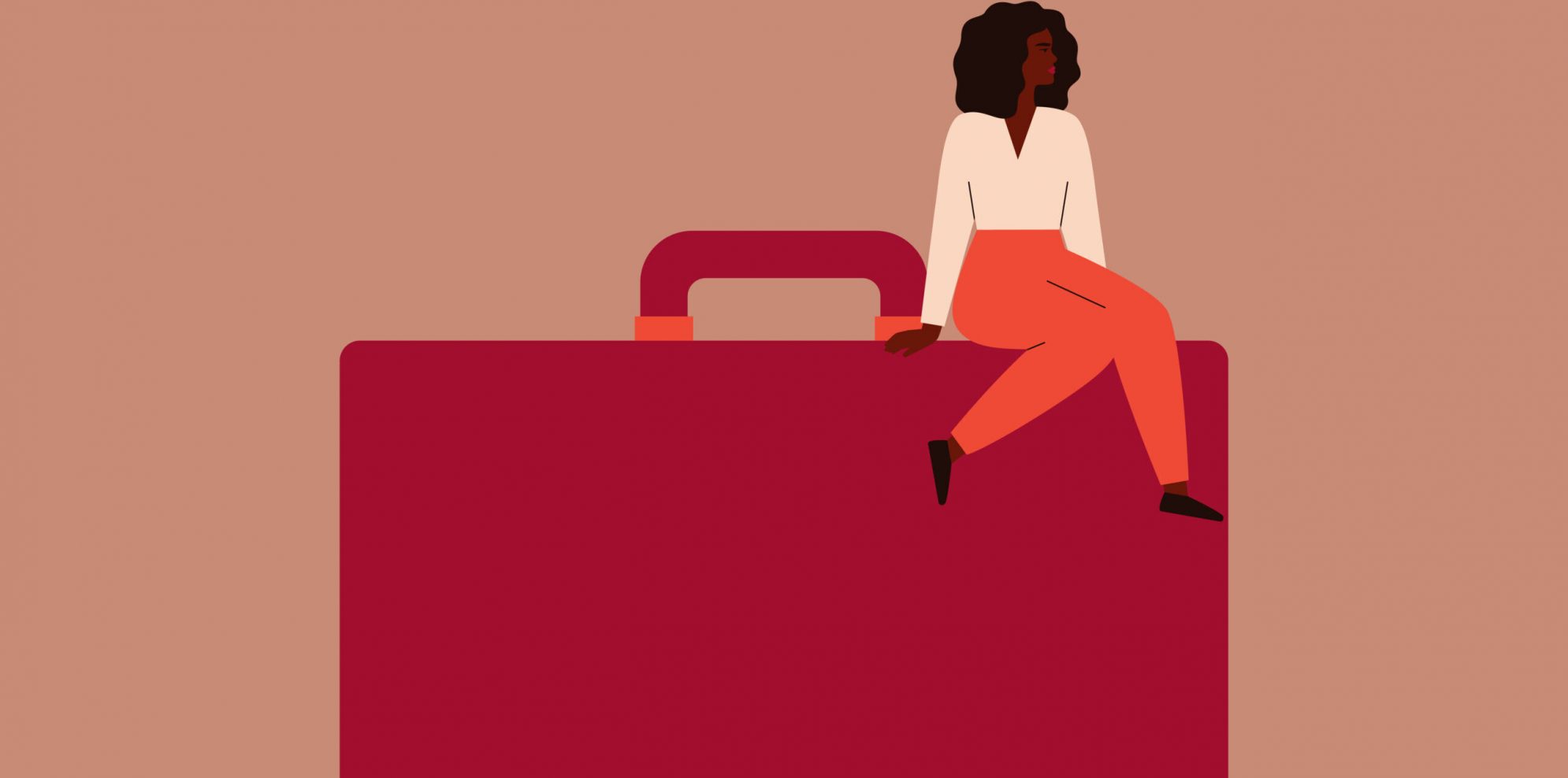 Confident black businesswoman sits on a large red briefcase. Strong african female entrepreneur with a handbag. Vector. Concept of participation of black women in leadership roles in business.